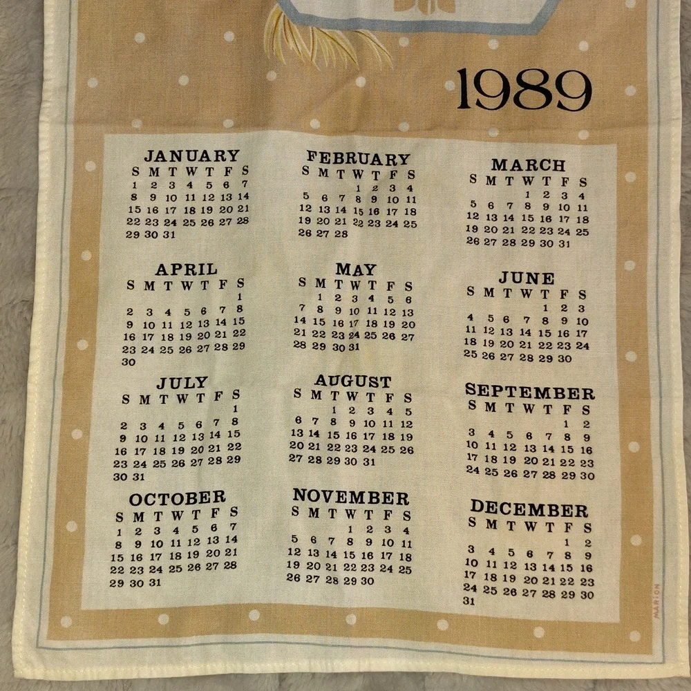 🍞 1989 Calendar Dish Towel. 100% Cotton. Bread, Wheat, Salt, Flour.